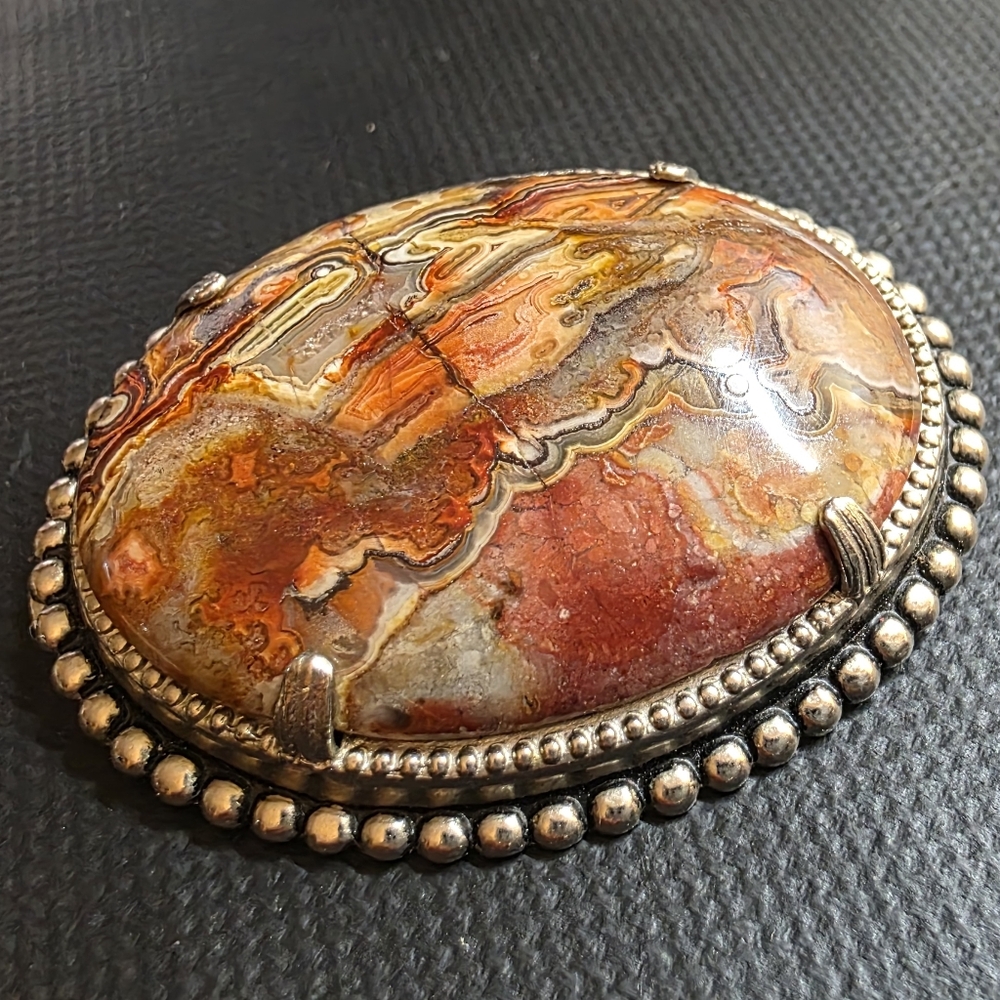 Large Crazy Lace Agate Oval Statement Brooch Silv… - image 3